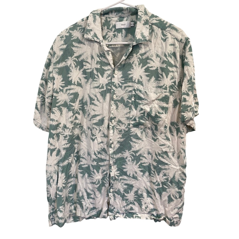 Onia Mens XL Palm Tree Print Short Sleeve Viscose Camp Shirt Sage Green‎ White